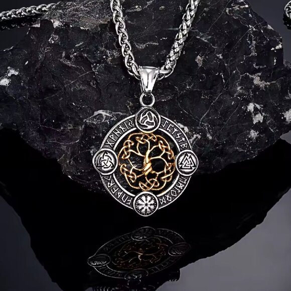 Norse Rune Tree of Life Pendant Necklace - Stainless Steel 24" #1535 - Picture 1 of 7